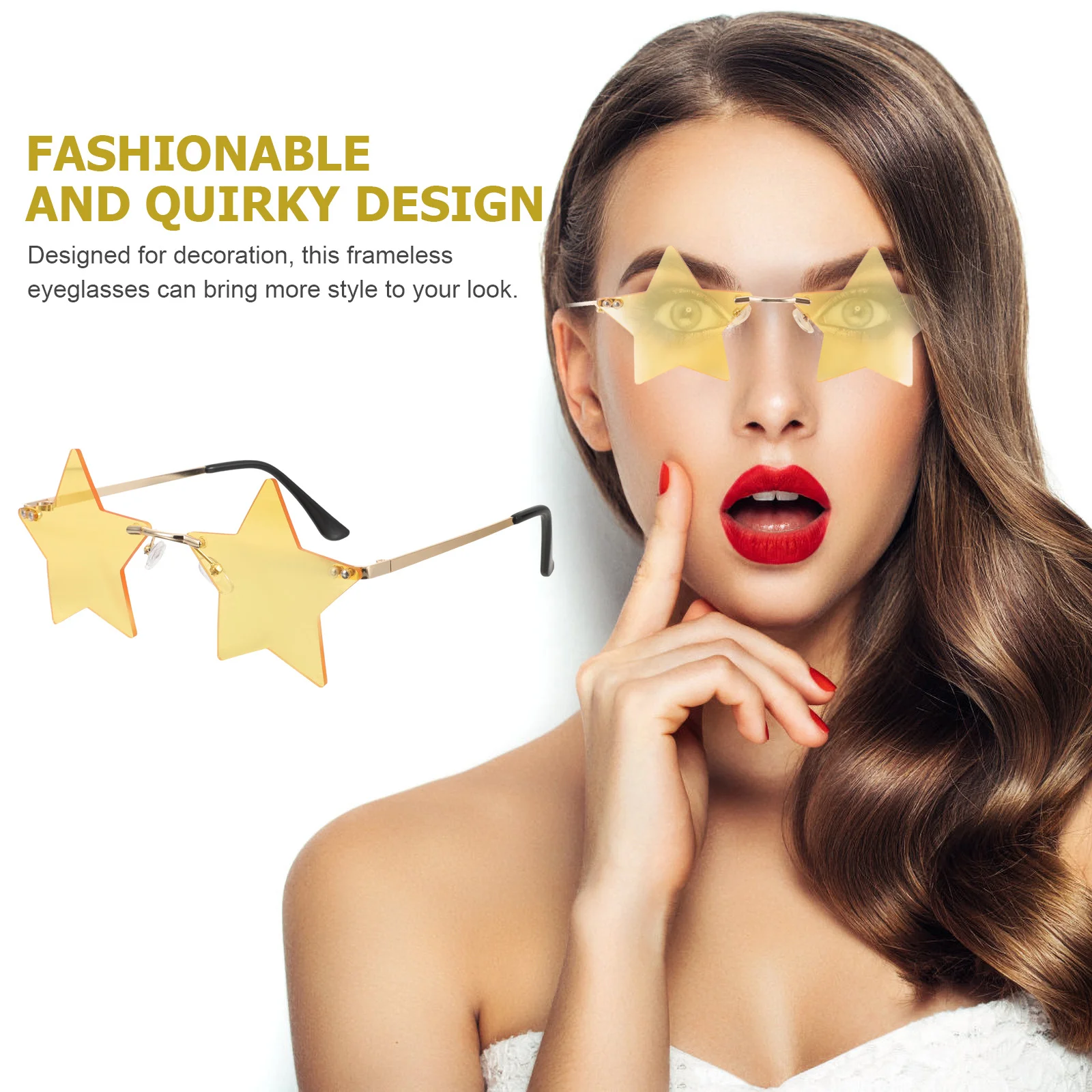 

Rimless Star Sunglasses Gold Frame Yellow Lens Stylish Party Beach Glasses for Women Festival Outfit Cool Frameless Eyewear Gift