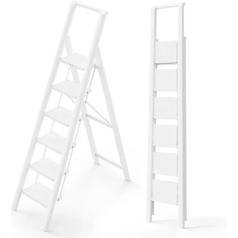 Lightweight Folding ladders with Wide Pedals, Slim Stepladder for Narrow Spaces, Tall Ladder for High Ceilings with Handrails