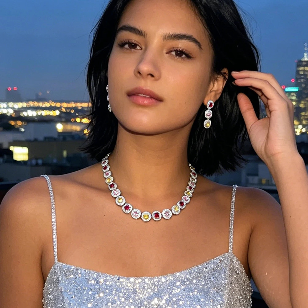 

Elegant Multi color Crystal and CZ Stone Earrings Necklace Jewelry Sets for Women Wedding Party Accessories Fashion Charm Gifts