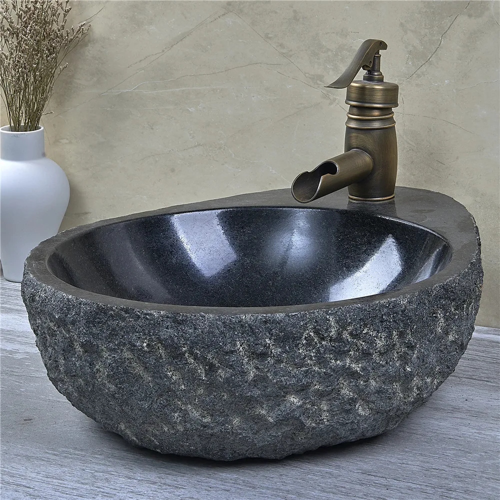 %r Custom Outdoor Garden Natural Black Granite Stone Vessel Sink with Single Faucet Hole Stone Wash Basin Unique Stone Sink
