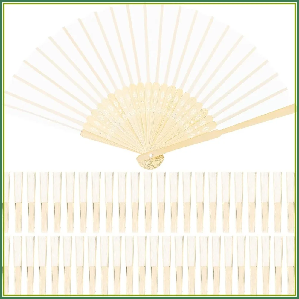 

48 White Silk Folding Fans Bamboo Handle Handheld Fans for Wedding Party Decorations