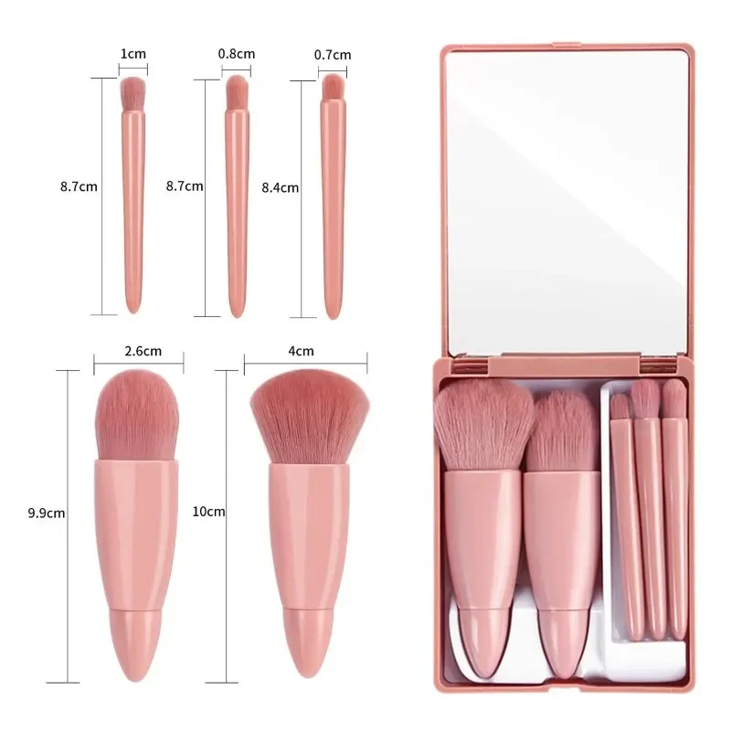 Juego de pinceles de maquillaje con estuche de espejo rosa, Mini brocha de viaje portátil para polvo suelto, colorete, sombra de ojos, herramientas de belleza para ojos, 5 piezas