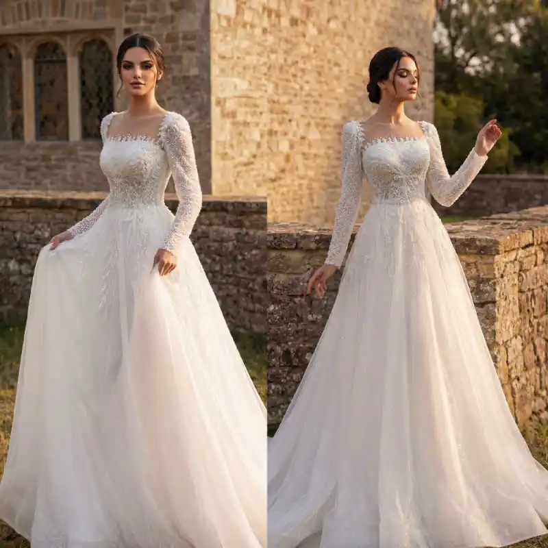 

Elegant Beaded Sequin Long-Sleeve Wedding Dress Square Neck A-Line Sweep Train Formal Bridal Gown Vestido De Novia Customized