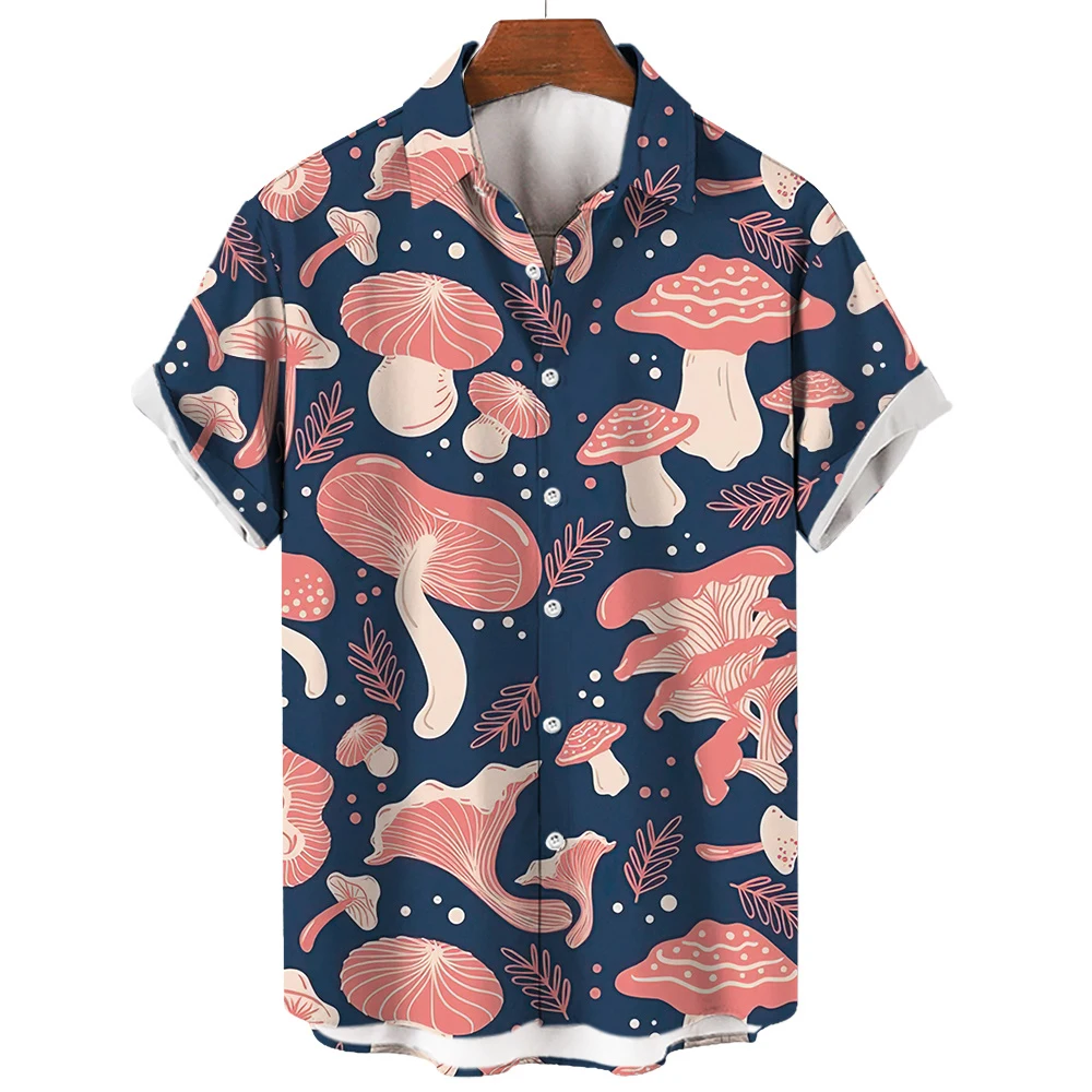 

2024 Men's Hawaiian Summer Colored Mushrooms 3D Printed Fashion Shirt Refreshing Casual Short Sleeve Beach Shirt For Mens