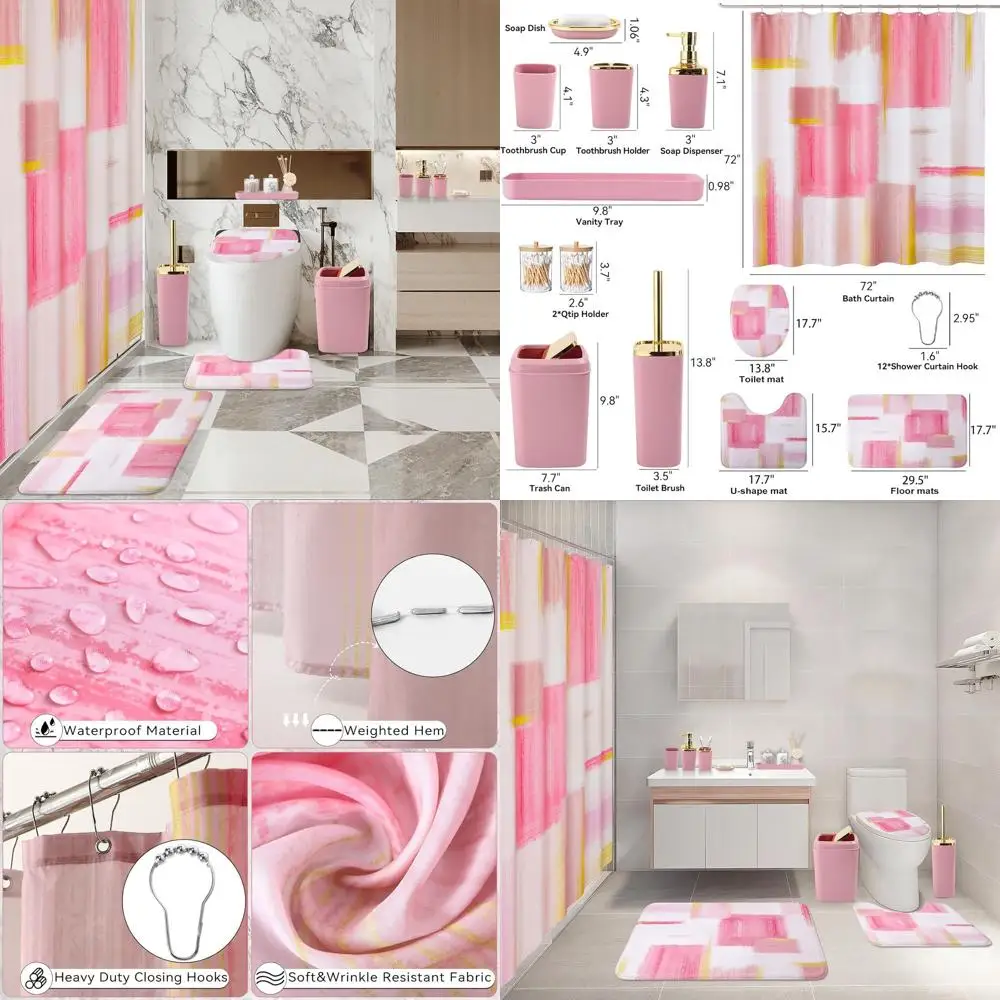 

Elegant Pink and Gold Bathroom Accessory Set with Shower Curtain, Rugs, Trash Can, and Soap Holder
