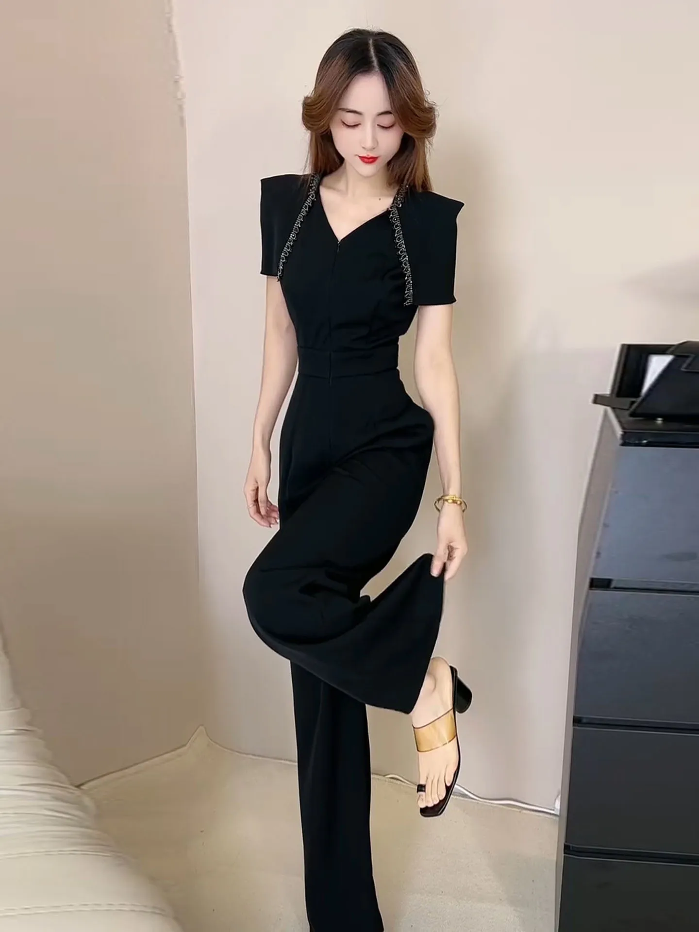 Ele Diamond Embedded V-Ne-Piece Pants High Waist Wide Leg Suit for Women Faionable Anti-Aging Summer High-End Fee...