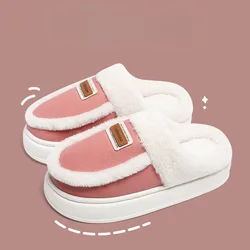 Thick Sole Home Women Fluffy Slippers Winter Household Warm Plush Couples Cotton Shoes Indoor Soft PU Leather Ladies Fur Slides