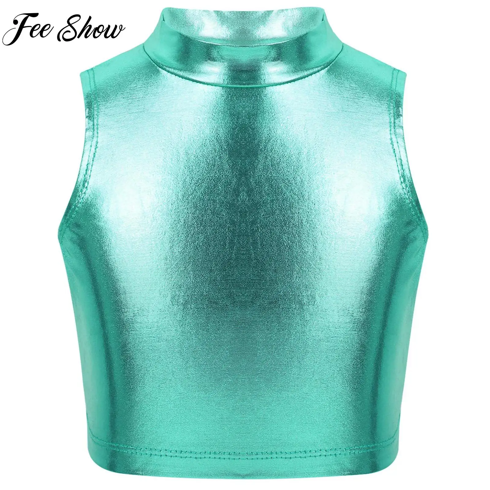 

Girls Shiny Metallic High Turtleneck Cropped Tank Top Cami Tees for Yoga Dance Gym Sport Bra Gymnastics Vest Costum