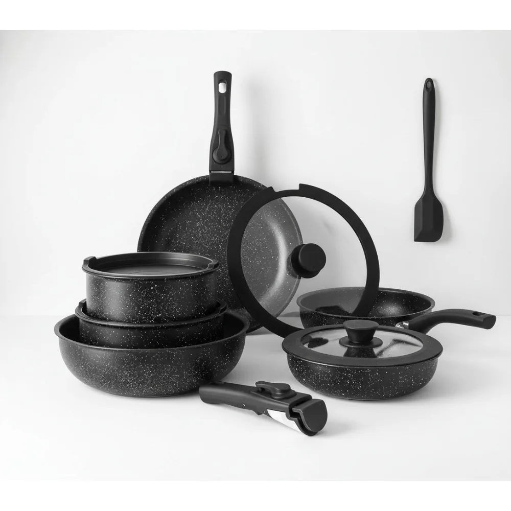 

12-Piece Non-Stick Cookware Set, Black Granite Texture, Oven Safe & PFOA Free - Perfect for Small Families