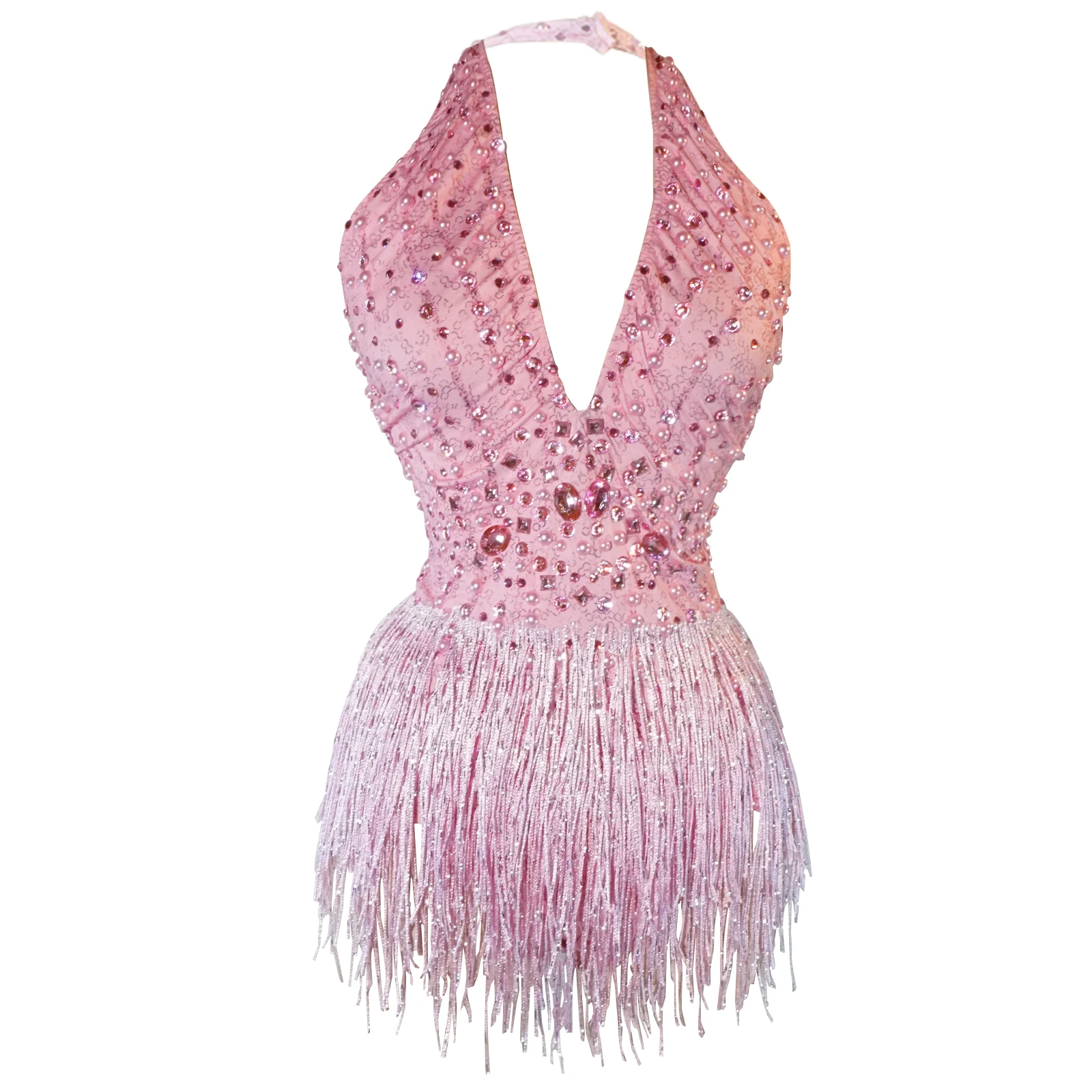 

Sexy pink bodysuit V-neck backless rhinestones tassels short jumpsuit singer dance queen drag show costume birthday party night