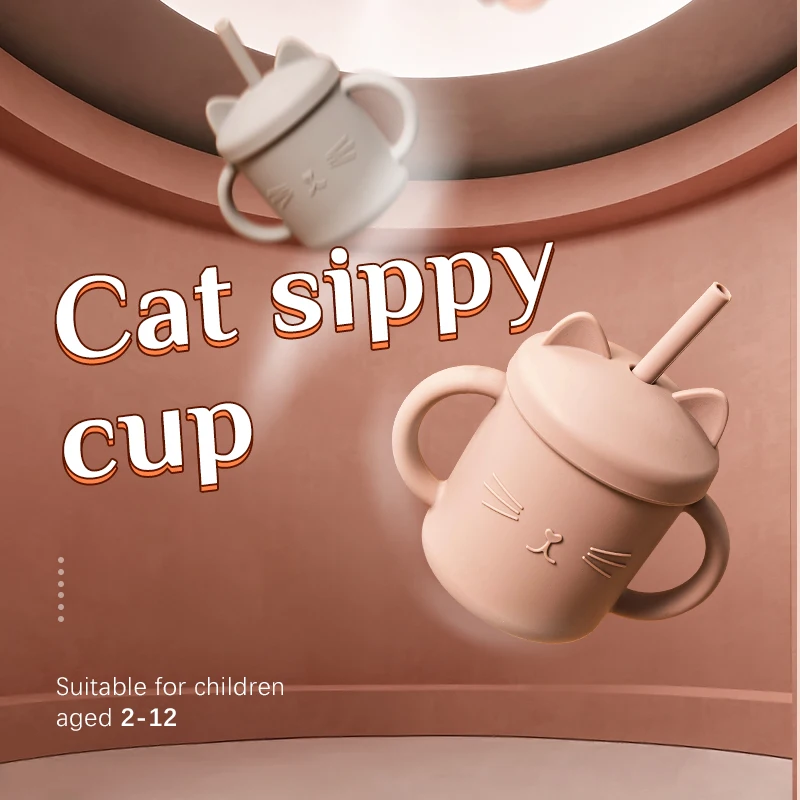 Baby Food Grade Feeding Cup Kid Double Handle Design Cute Cat Styling Straw Bottle Anti-Hot Leakproof Baby Silicone Feeding Cups