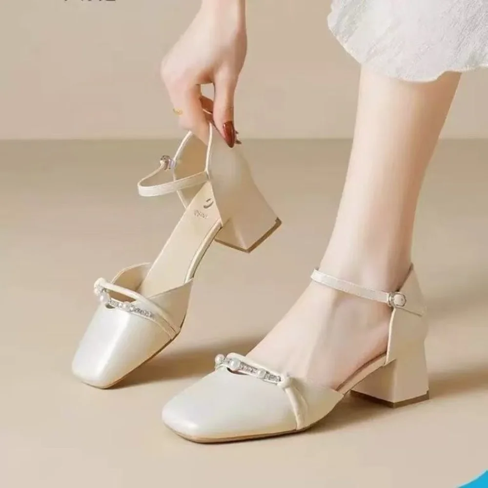 Elegant Pearl & Rhinestone Mary Jane Sandals, Square Toe Ankle Strap Heels for Women, Chic White Summer Dress Shoes, Comfortable