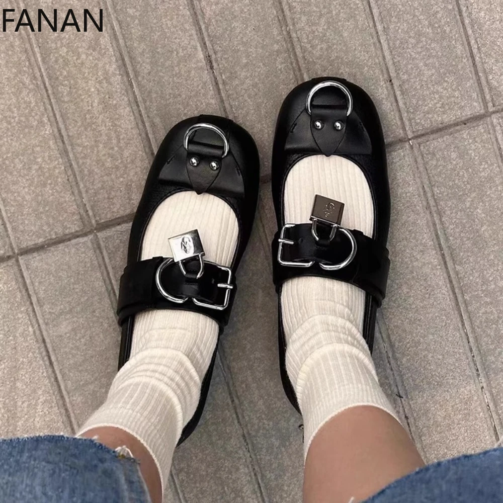 

Ballet Flats 2025 New Punk Vintage Round Head Mary Jane Black Fashion Shoes Low Heel Round Head Metal Buckle Women's Shoes