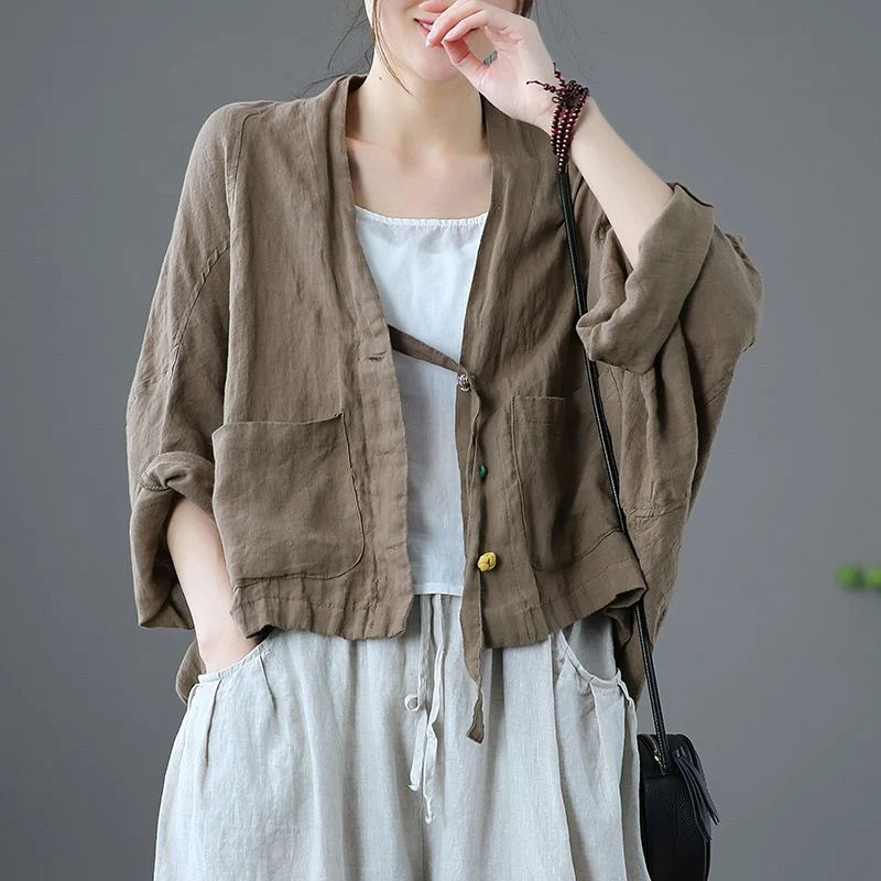 

Faionable Oversized Open Cardigan Jaet Cotton Linen Artistic Sle Long Sve V-Ne Button up Regular Thin Summer