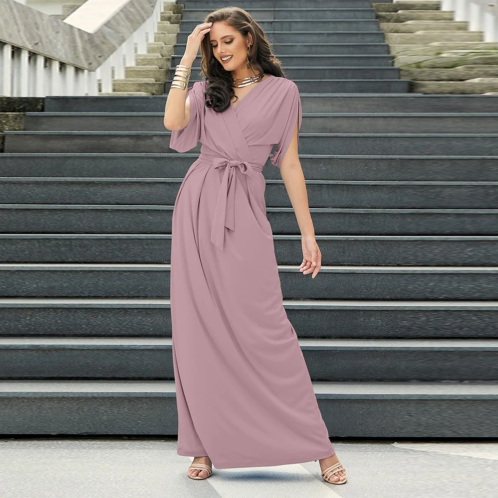 

Customized Exquisite Mother of The Bride Dresses Womens Long Semi-Formal Short Sleeve V-Neck Floor Length Maxi Dress Gown