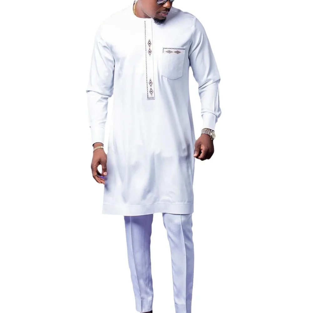 Muslim Men's Ethnic Style Pure Color Embroidered Suits with Long Sleeves and Long Trousers Casual Two-piece Set in Dubai, Arabia