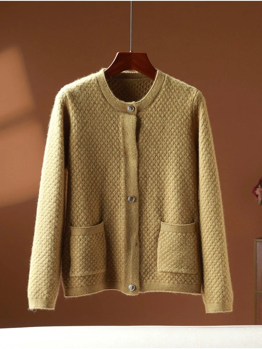 เสื้อคาร์ดิแกนไหมพรมถักทรงกลม MS Series รุ่น Ne Open สีพื้น ติดกระดุม ผ้ากำมะหยี่เนื้อนุ่ม อุ่นสบาย สำหรับผู้หญิง เหมาะสำหรับฤดูใบไม้ร่วงและฤดูหนาว