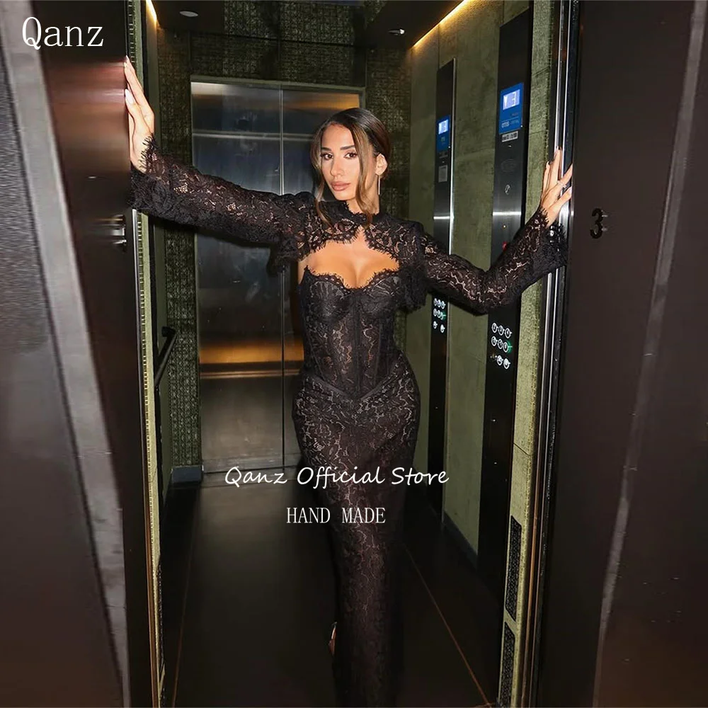 

Qanz Mermaid Black Lace Appliques Evening Dresses with Jacket Long Sleeves Dress Women Elegant Party Abiti Da Sera Customized