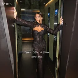 Qanz Mermaid Black Lace Appliques Evening Dresses with Jacket Long Sleeves Dress Women Elegant Party Abiti Da Sera Customized