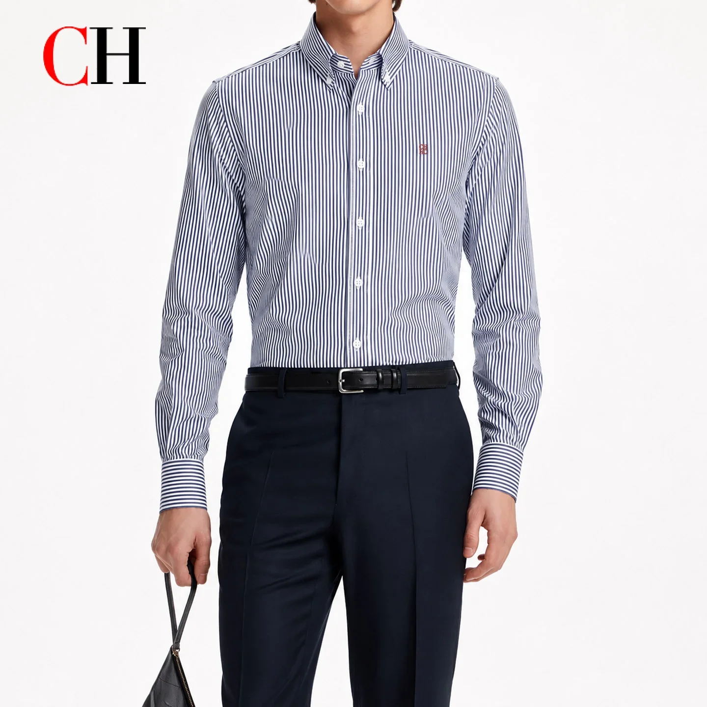 CH Mens Basic Point Collar All Over Thin Vertical Stripe Subtle Tone Letter Embroidery Long Sleeve Dress Shirt Versatile Men Top