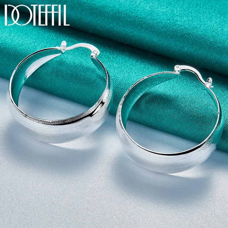 DOTEFFIL 925 Sterling Silver Matte Parallel Smooth Hoop Earring For Woman Wedding Engagement Party Fashion Charm Jewelry