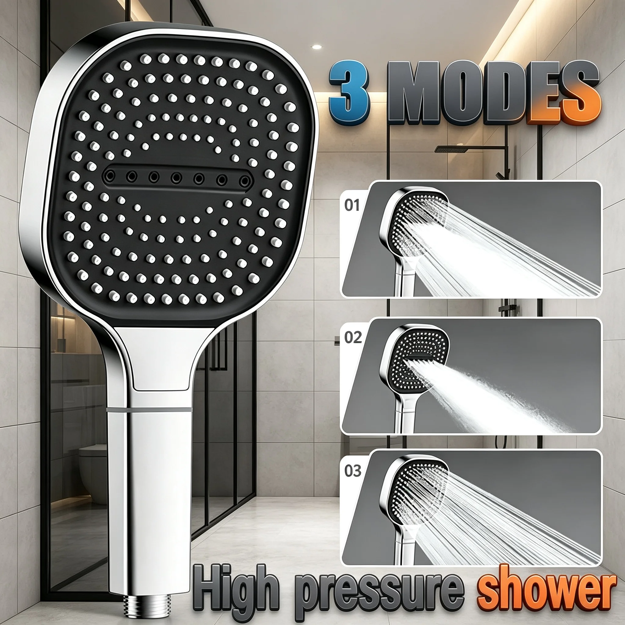 3‑Mode Handheld Shower Head 13cm Oversized Panel High‑Pressure Rainfall Massage Anti‑Clog Silicone Nozzles ﻿