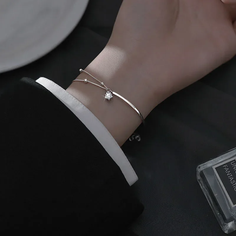 

925 Sterling Silver Beautiful Stars Bracelets for Women Party Wedding Fashion Jewelry Holiday Gifts Double Layered Bangles Gifts