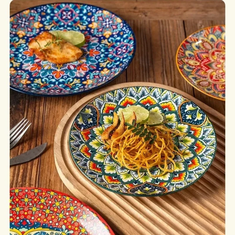 

8IN винтажные керамические тарелки, тарелки для стейка, тарелки в стиле вестерн, плоские тарелки и неглубокие тарелки, тарелка для яиц для макарон