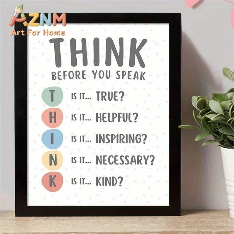 AZNM Think Before You Speak Canvas Wall Art, Colorful Positive Classroom Educational Print, Frameless Canvas Poster for Kids Tea