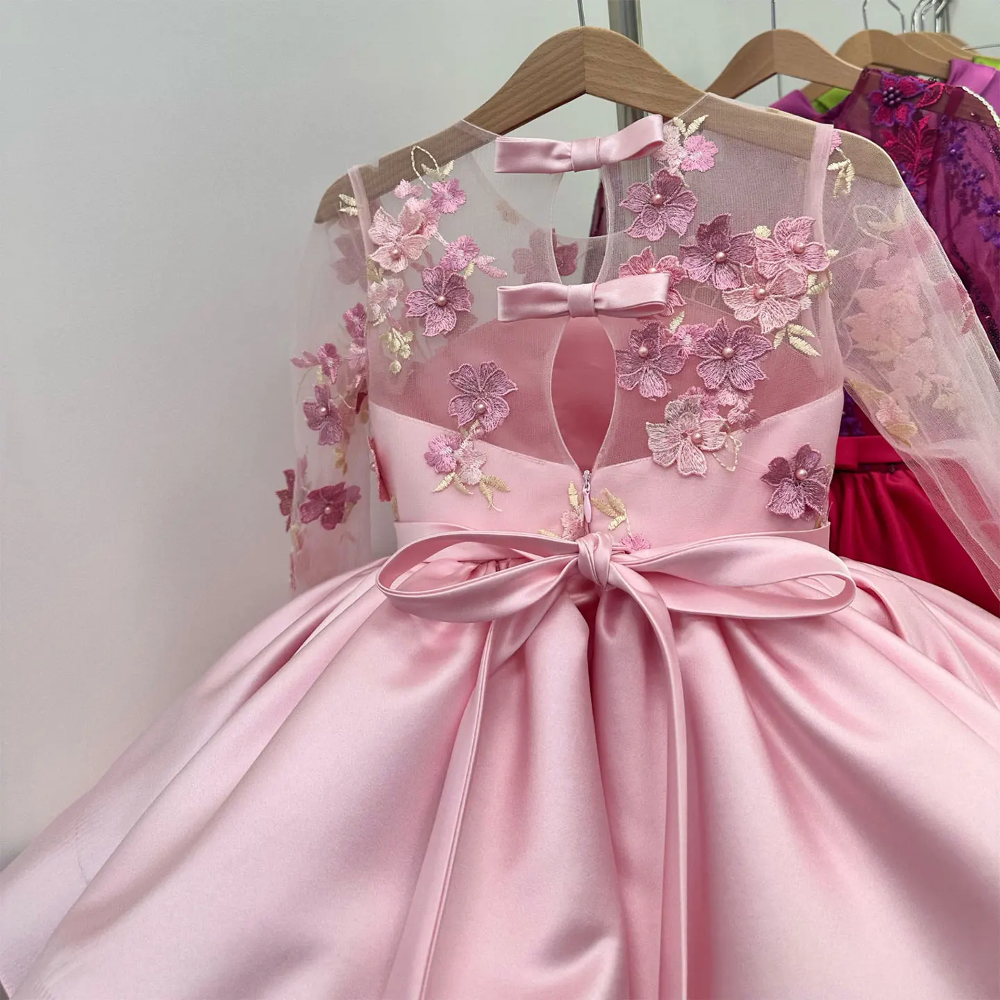 Jill desejo elegante rosa menina damas de honra vestido 3d flores manga cheia para princesa crianças aniversário festa de casamento pageant vestido j177