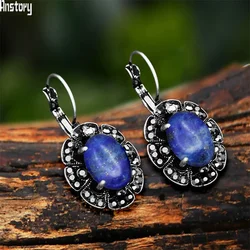 Vintage Plumflower Natural Lapis Lazuli Rhinestone Earrings For Women Tibetan Silver Plated Natural Stone Tiger Eye Earring