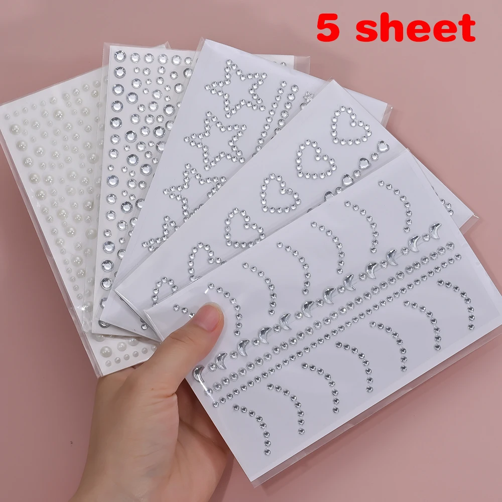 

5 Sheet Star/Heart Face Rhinestones Self Adhesive Stickers Clear Face Eye Gems Diamond DIY Festival Party Makeup Decoration
