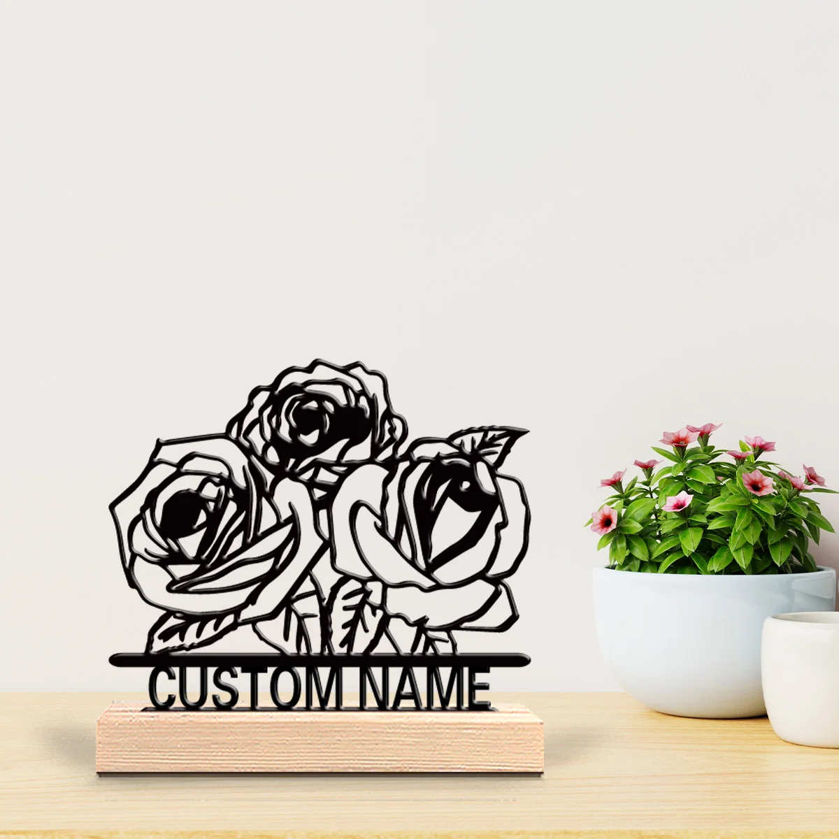 1pc Fashion rose Custom Letter Tin Statue Metal Ornament Art Crafts With Wood Base Iron Statue With Wood Base Bedroom Table