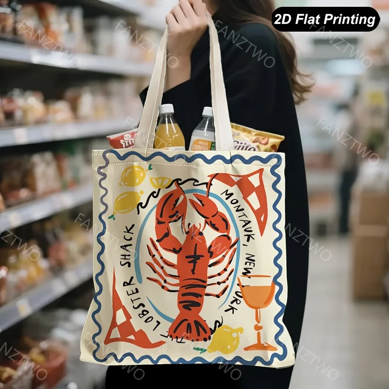 Retro Lobster Seafood Badge Graphic Canvas Handbag Versatile Handbag Storage Bags Reusable Grocery Shopping Bag for Daily Use
