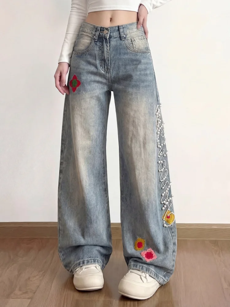

American Style Pearl Embroidery Wide Leg Jeans Loose Fit Comfortable Spring 2026 Natural Waist Machine Stitched Plant Floral ...