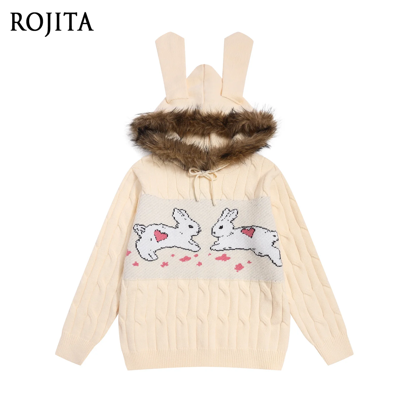 

Свитер с капюшоном в японском стиле с милым кроликом, большим меховым воротником и галстуком для женщин, свободный трикотаж на осень и зиму
