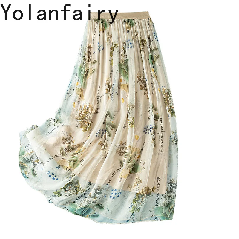 YOLANFAIRY New Fashion Ink Printed Skirts Women Pure Mulberry Silk Skirts for Woman High Elastic Waist Floral Skirt Beach Style