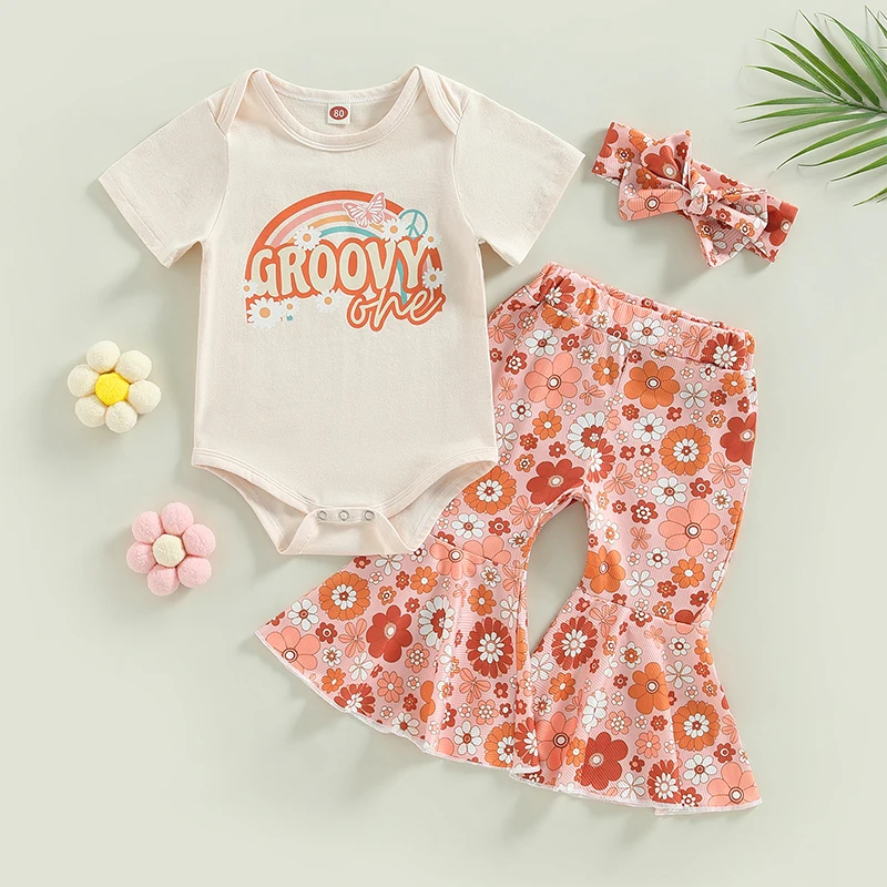 2023-02-14 Lioraitiin 0-18M Infant Baby Girls 2Pcs Summer Set Short Sleeve Letters Rainbow Print Romper with Floral Flare Pants