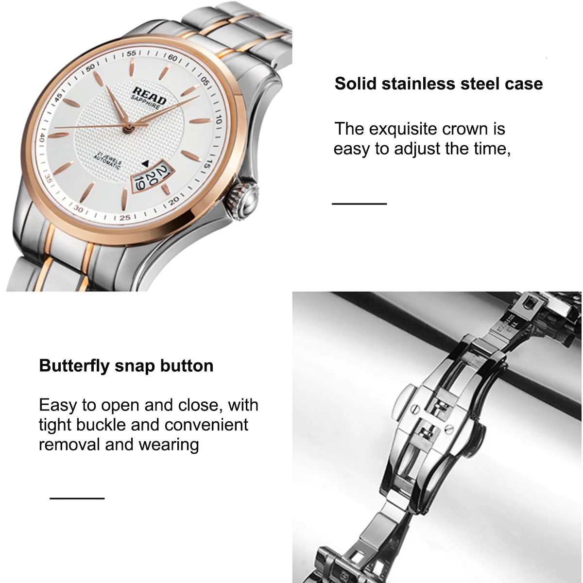 READ Men Automatic Watch | Two‑Tone Steel Band | Textured Dial | Sapphire Glass | 50M Water Resistant