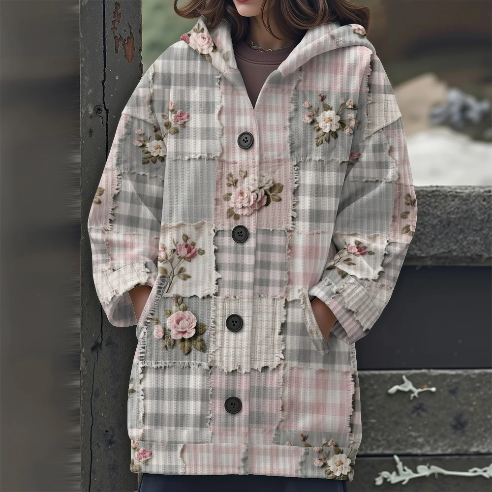 

Свитер с длинными рукавами и цветными блоками, новинка 2025, женский длинный свитер в клетку с цветочным узором в стиле пэчворк