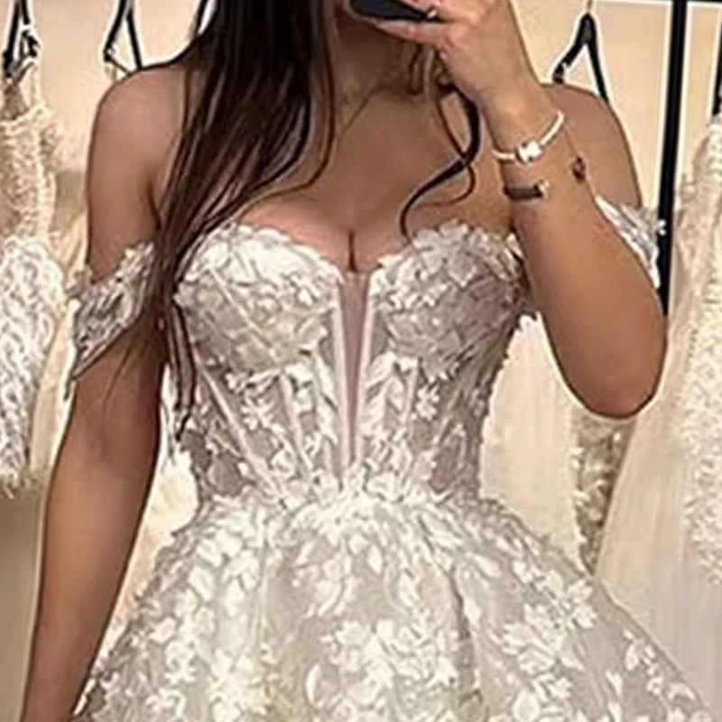 Robe de mariée courte scintillante, épaules dénudées, avec des Appliques en dentelle, en Tulle, ligne a, robe de bal personnalisée