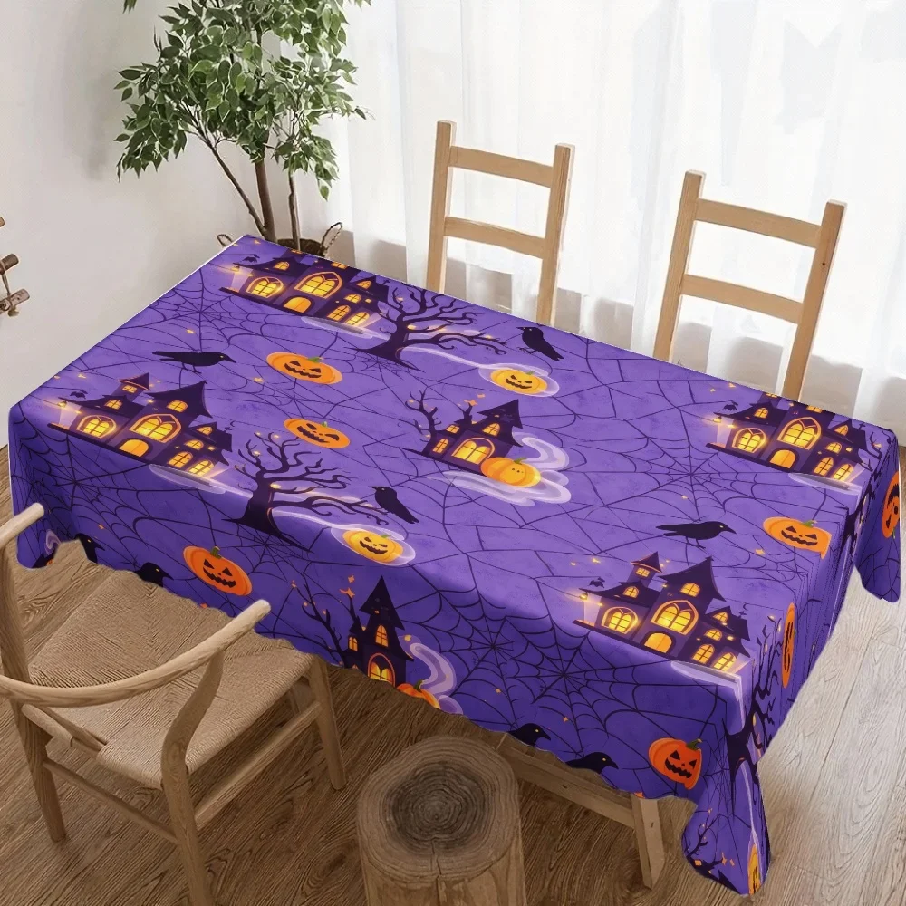 1pc Halloween Style Tablecloth Purple Pumpkin Haunted House Spider Web Table Cover For Party Home Decoration Rectangu