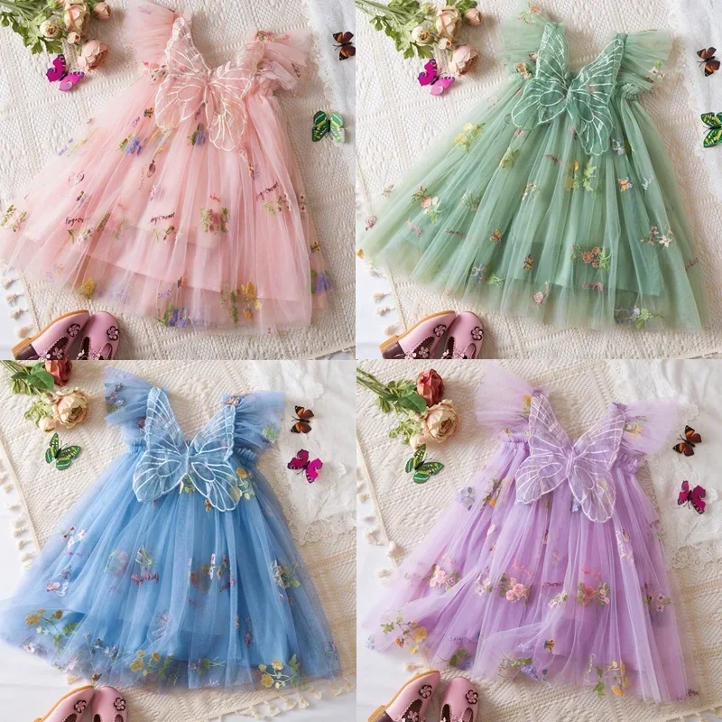 Kids Dress for Girl Summer Dress Butterfly Wings New Floral Dress Dance Performance Tutu Mesh Princess Dress 1-5Yrs Baby Clothes