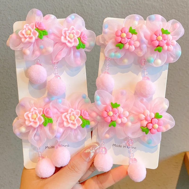 2Pc Pink Rose Hair Tie Cute Pom-Pom Flower Hair Ropes Princess Girls Floral Headwear Ponytail Heaband Children Hair Accessory