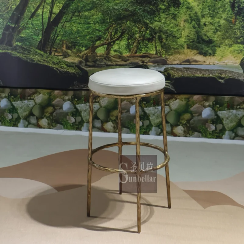 Hot Selling Top Grain Genuine Leather Metal Forged Iron Round bar Stool Home Kitchen Dining Room bar Stool Chair Counter Stool