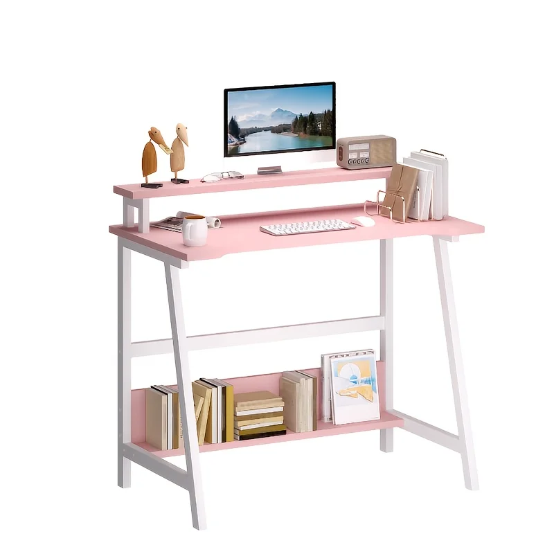 

28.5" Pink Desk with Monitor Storage Shelf - Modern Two-Tiered Writing Table, Ideal for Small Spaces in Home Office