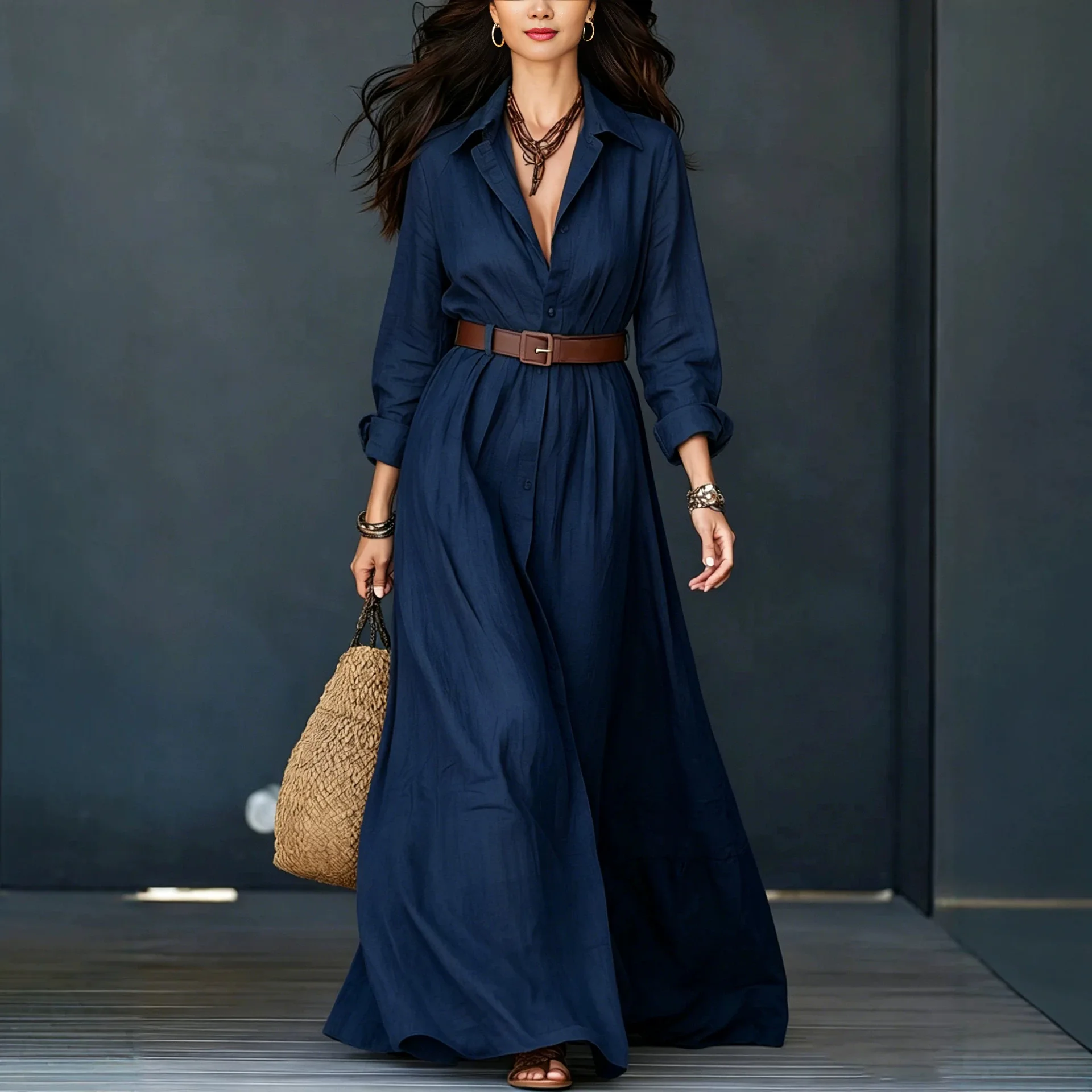 New Women's Shirt Collar Long Sleeve Maxi Dress With Belt Trendy Versatile Daily Wear Stylish Elegant Loose Waist Tie Long Dress
