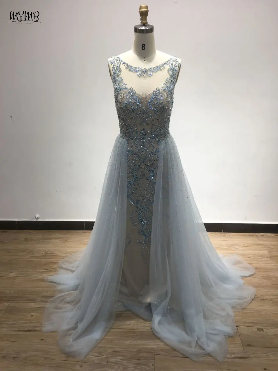 

MYMB Luxury Blue Mermaid Beaded Formal Occasion Dresses with Overskirt 2024 Exclusive Scoop Neck Sleeveless Evening Wedding Gown