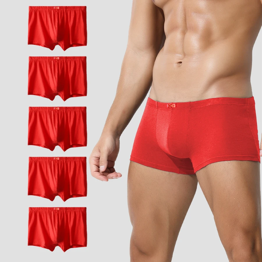 5PCS Bright red underpants, men's flat slits, zodiac year is the Year of the Tiger, four-cornered shorts, wedding gift, lucky un