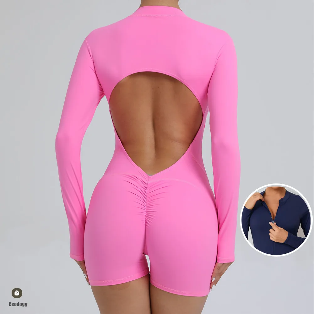 Conjunto de Yoga de manga larga con cremallera para mujer, mono de una pieza, pantalones cortos de entrenamiento para gimnasio, body elástico para